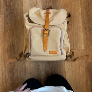 Tan Canvas Camera Backpack with Leather Accents